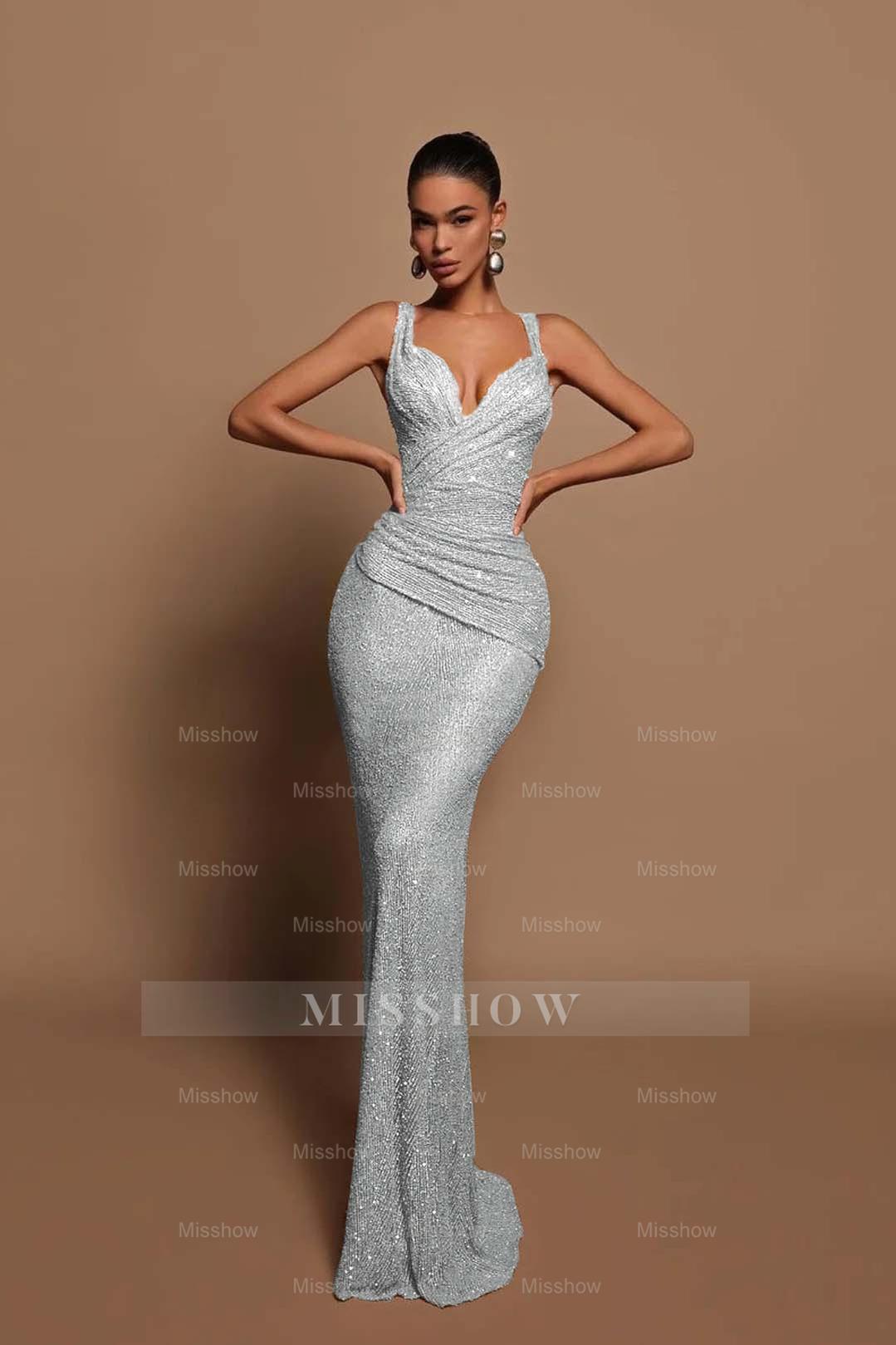 Sexy Pink Long Sequins Formal Dress V Neck Mermaid Sleeveless