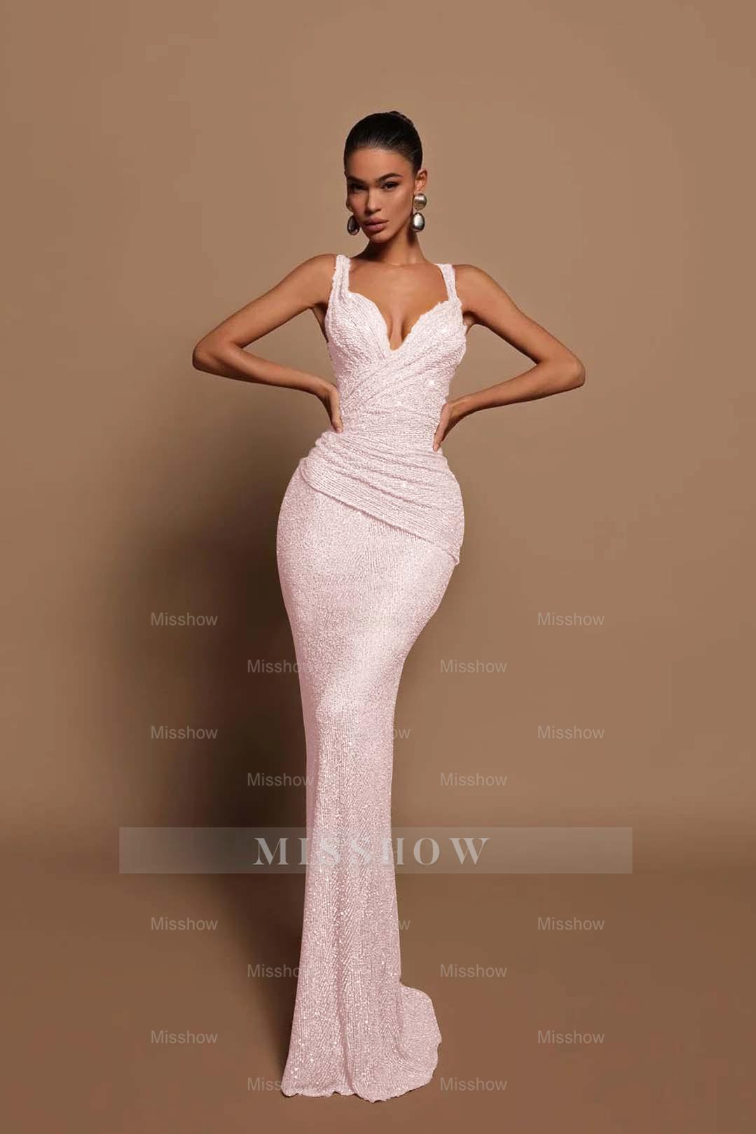 Sexy Pink Long Sequins Formal Dress V Neck Mermaid Sleeveless