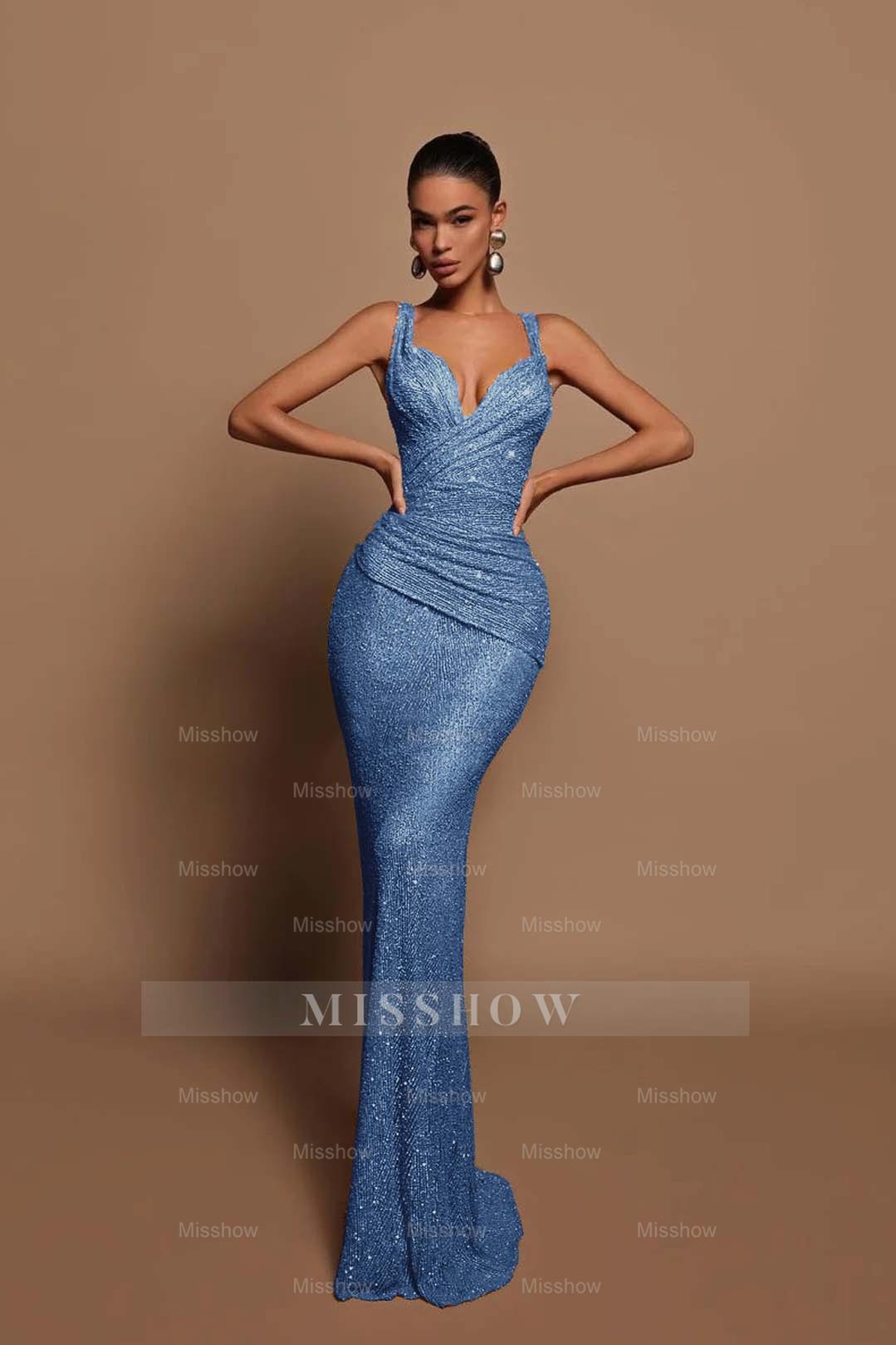 Sexy Pink Long Sequins Formal Dress V Neck Mermaid Sleeveless