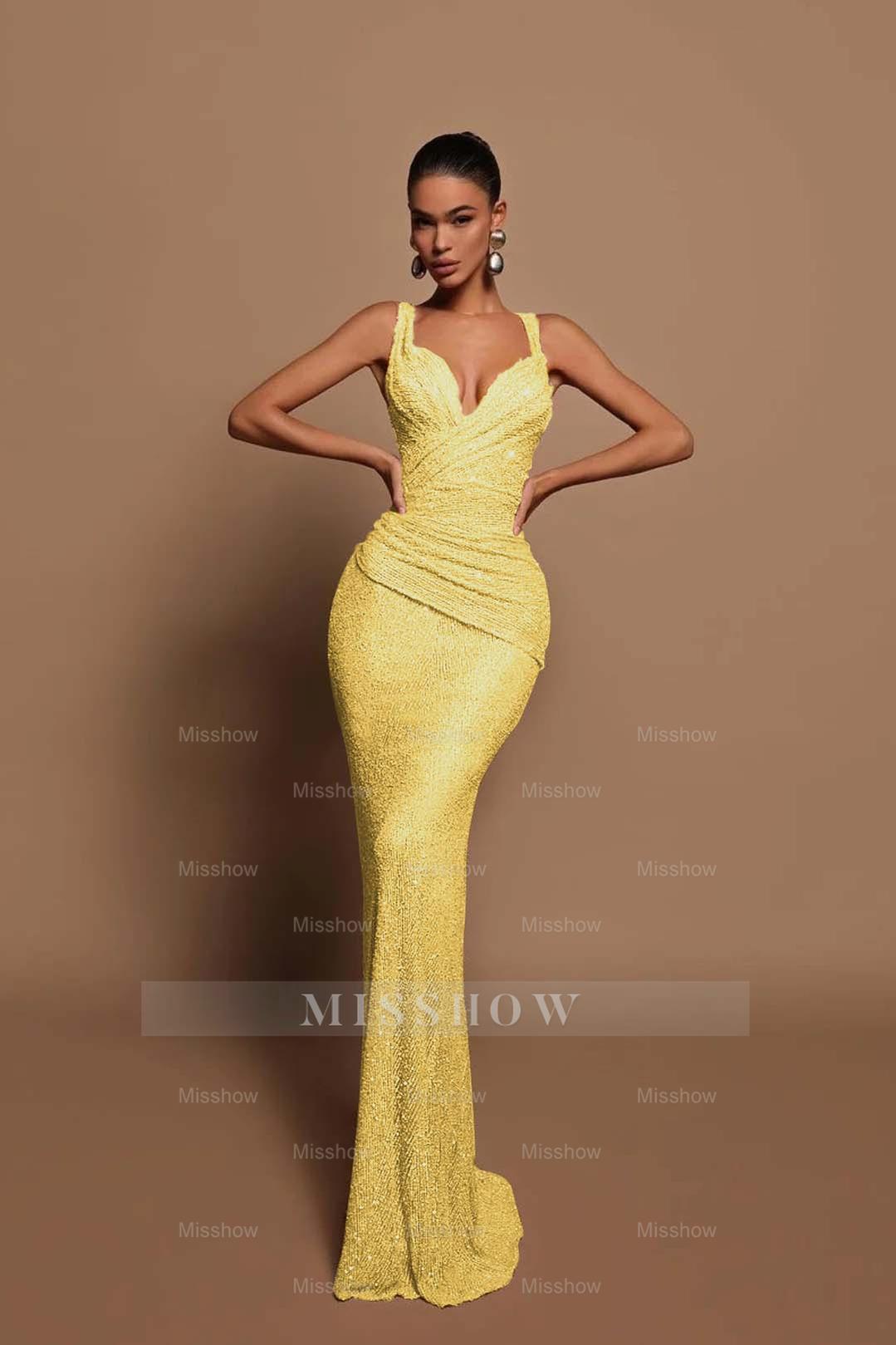 Sexy Pink Long Sequins Formal Dress V Neck Mermaid Sleeveless