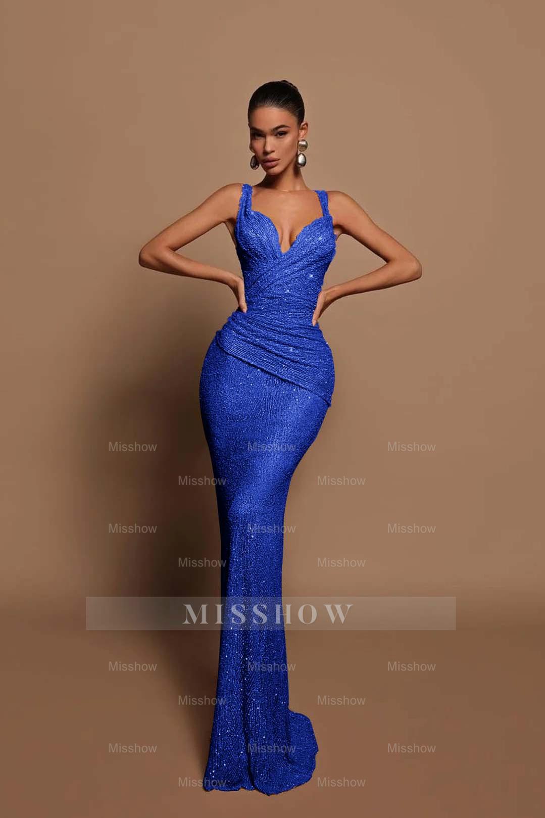 Sexy Pink Long Sequins Formal Dress V Neck Mermaid Sleeveless