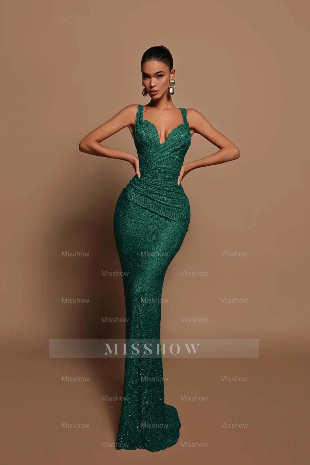 Sexy Pink Long Sequins Formal Dress V Neck Mermaid Sleeveless