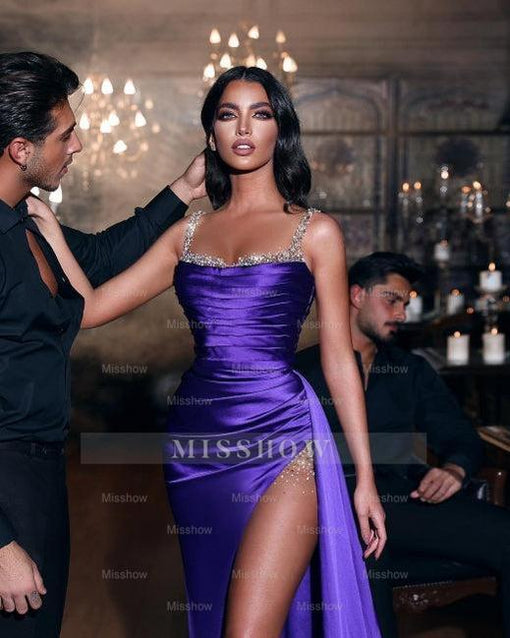 Sexy Purple Long Glitter Sleeveless Slit Mermaid Prom Dresses