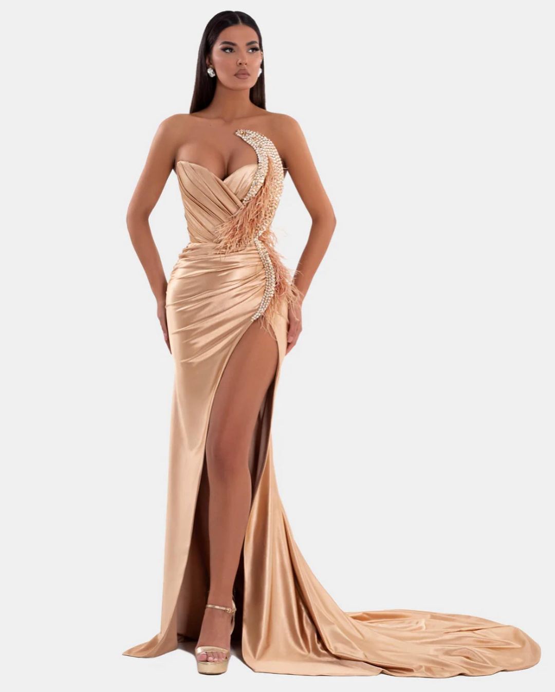 Sexy Royal Blue Formal Dress V Neck With High Slit Pleated Strapless Sleeveless