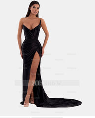 Sexy Royal Blue Formal Dress V Neck With High Slit Pleated Strapless Sleeveless