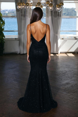 Sexy Sequined V-neck Evening Dress Long Black Prom Dress With Glitter