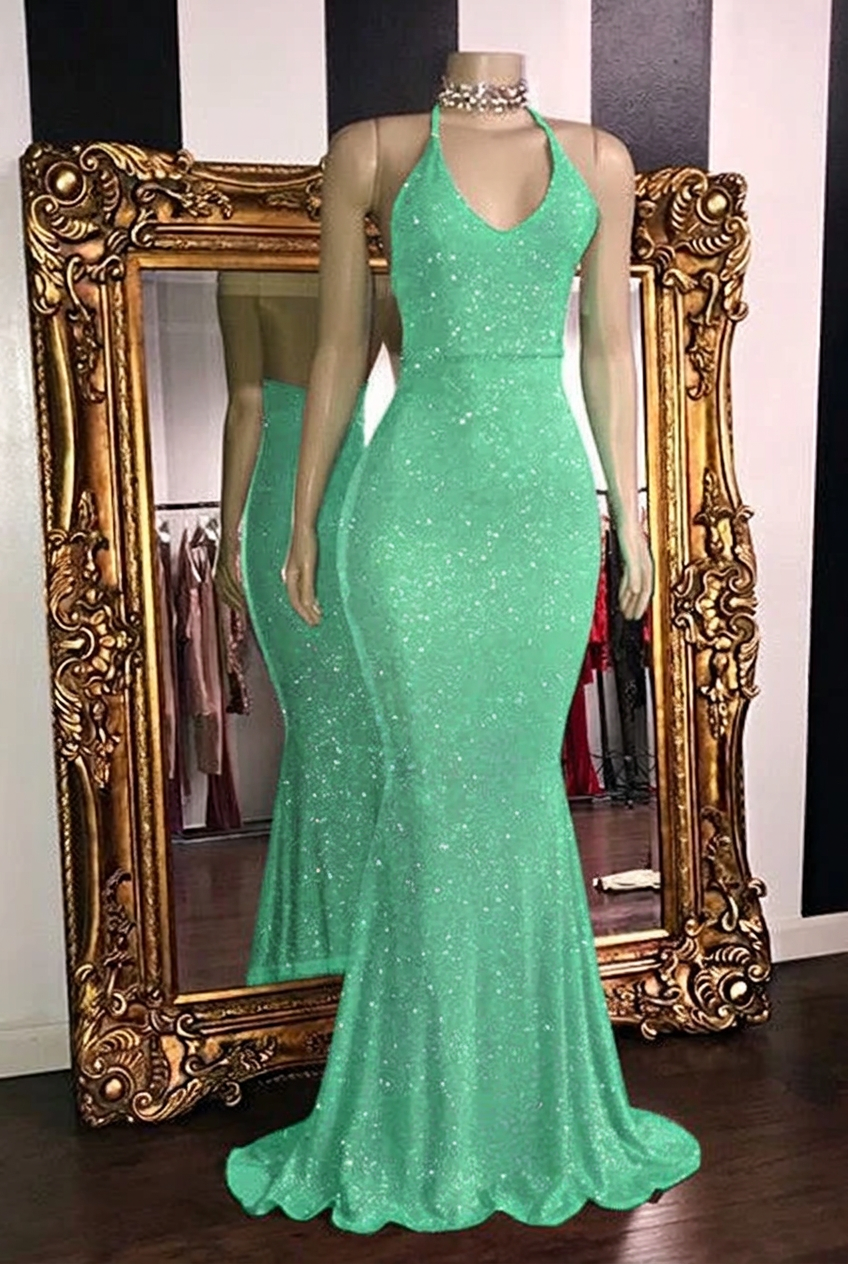 Mint green halter glitter mermaid prom dress