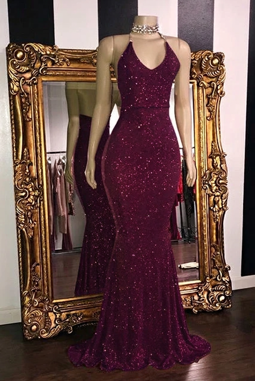 Grape halter glitter mermaid prom dress