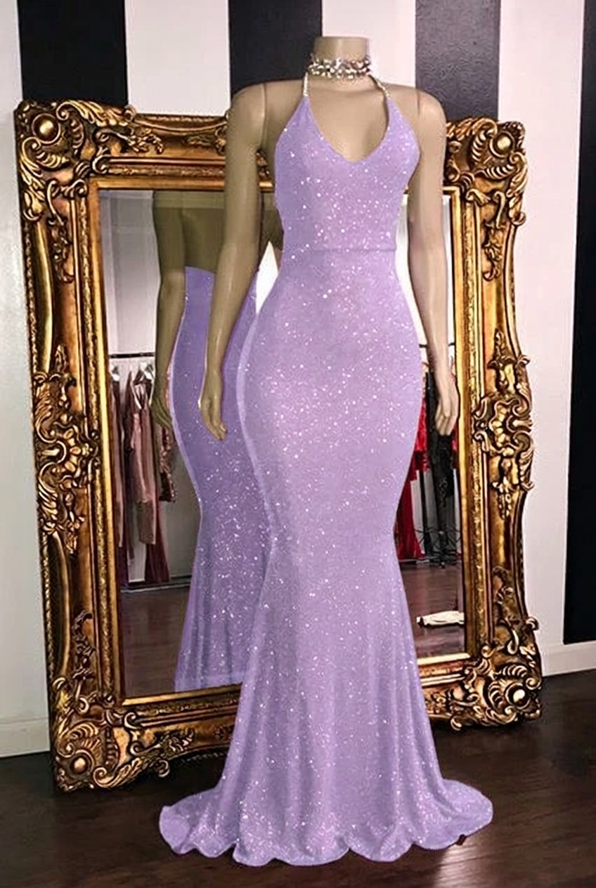Lavender halter glitter mermaid prom dress