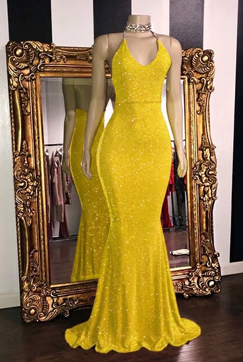 Yellow halter glitter mermaid prom dress