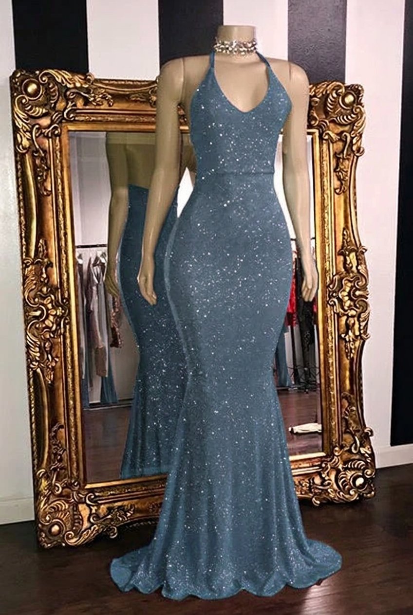 Dusty blue halter glitter mermaid prom dress