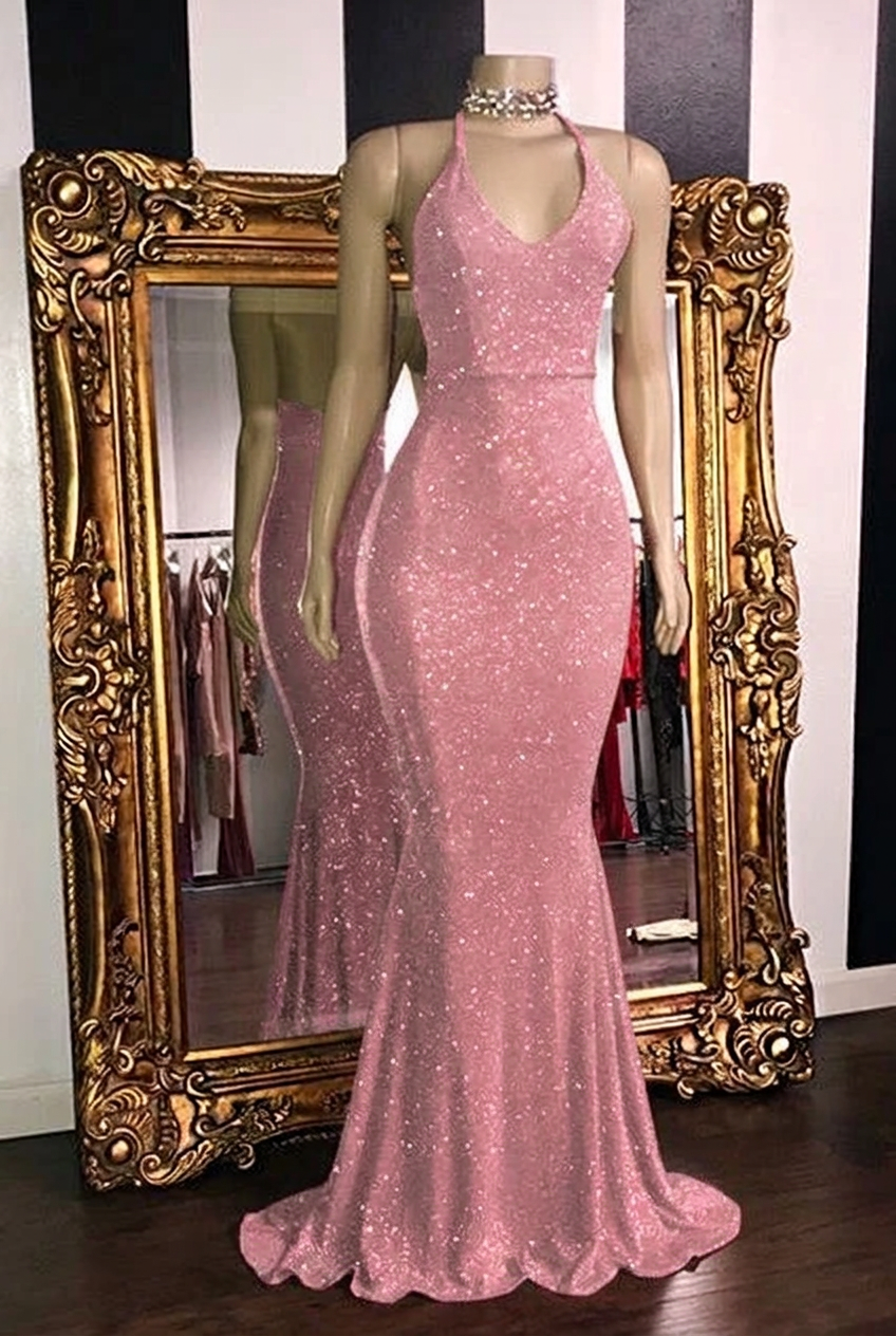 Candy pink halter glitter mermaid prom dress