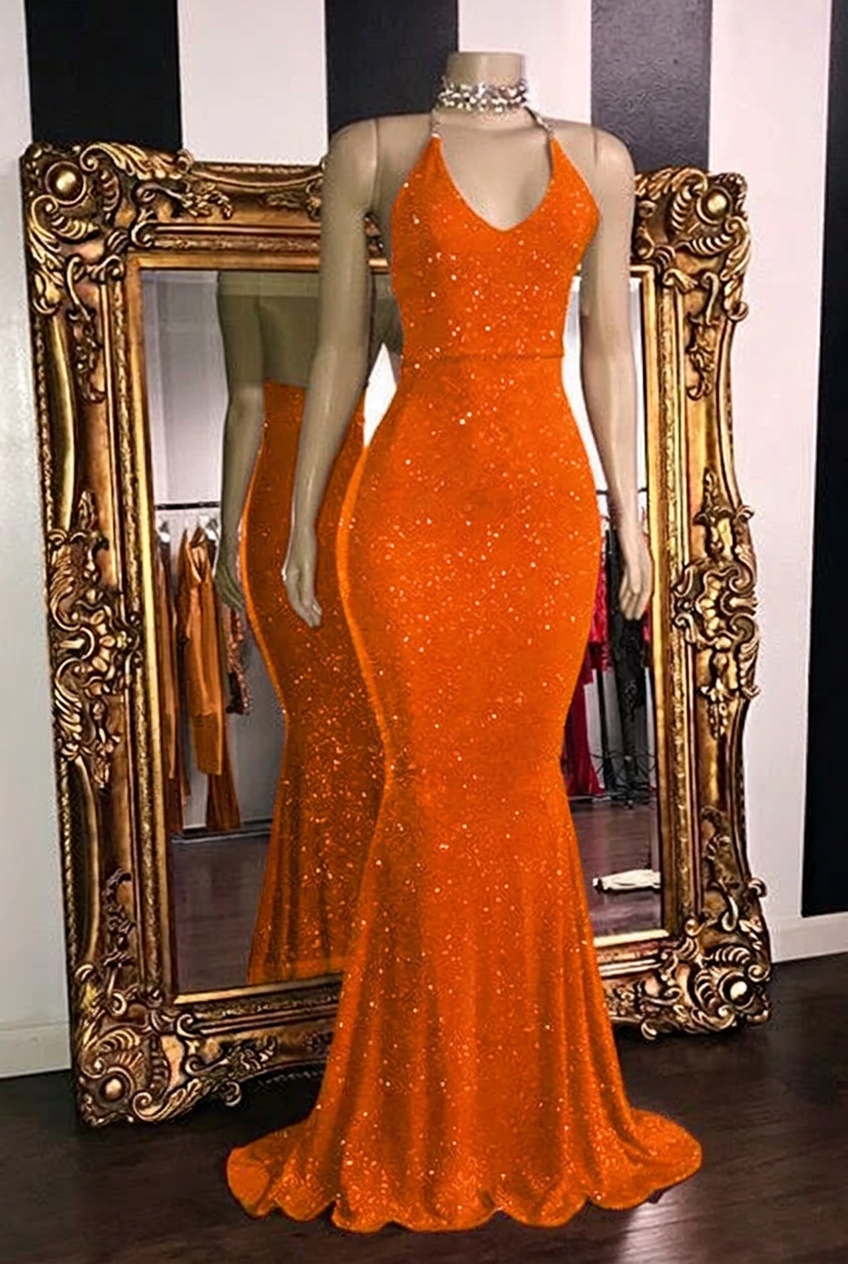 Orange halter glitter mermaid prom dress