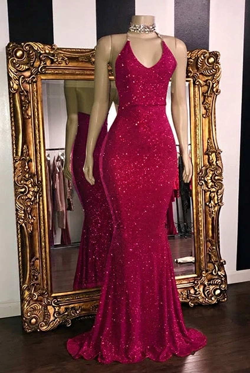 Fuchsia halter glitter mermaid prom dress