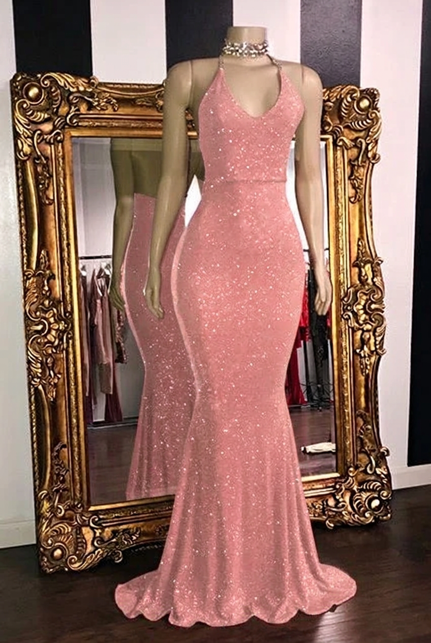 Blushing pink halter glitter mermaid prom dress