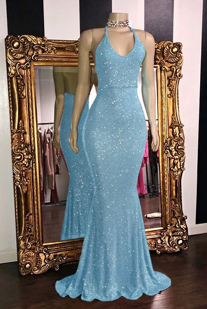 Light blue halter glitter mermaid prom dress