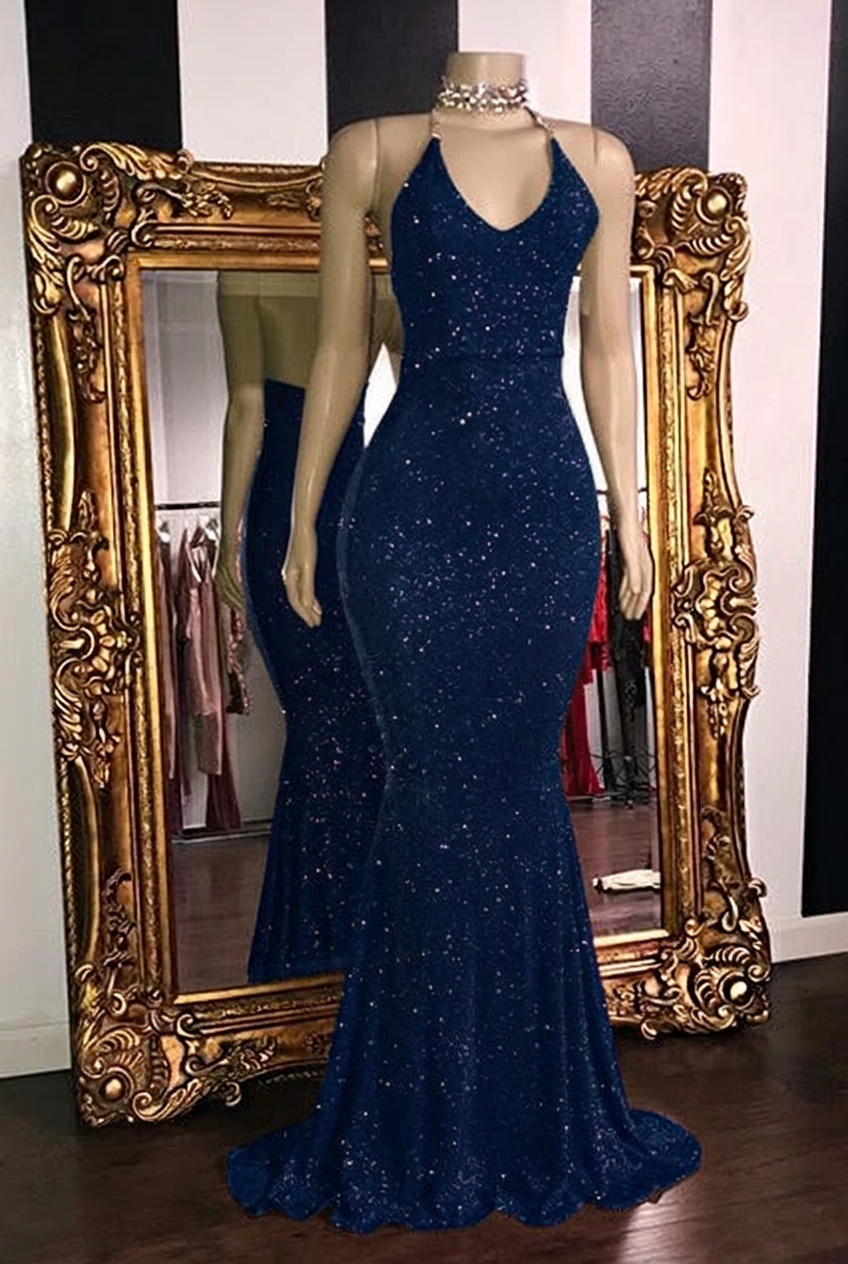 Dark navy halter glitter mermaid prom dress