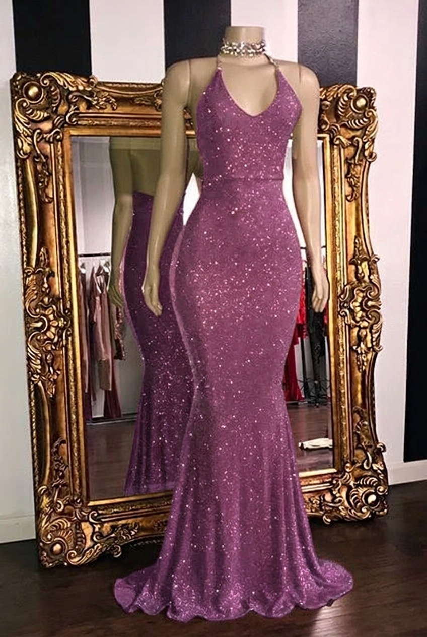Lilac halter glitter mermaid prom dress