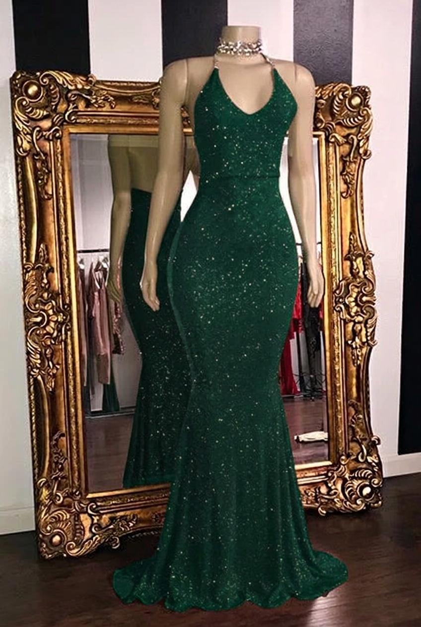 Dark green halter glitter mermaid prom dress