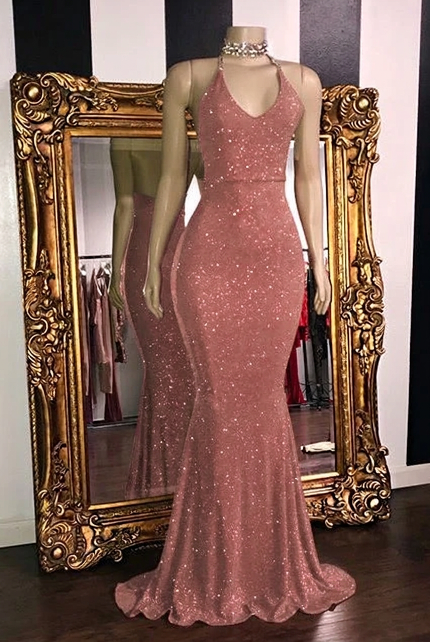 Dusty rose halter glitter mermaid prom dress