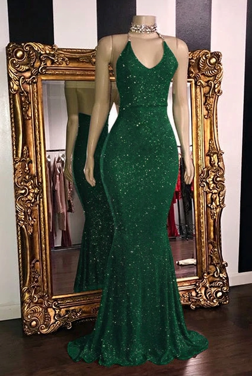 Emerald green halter glitter mermaid prom dress