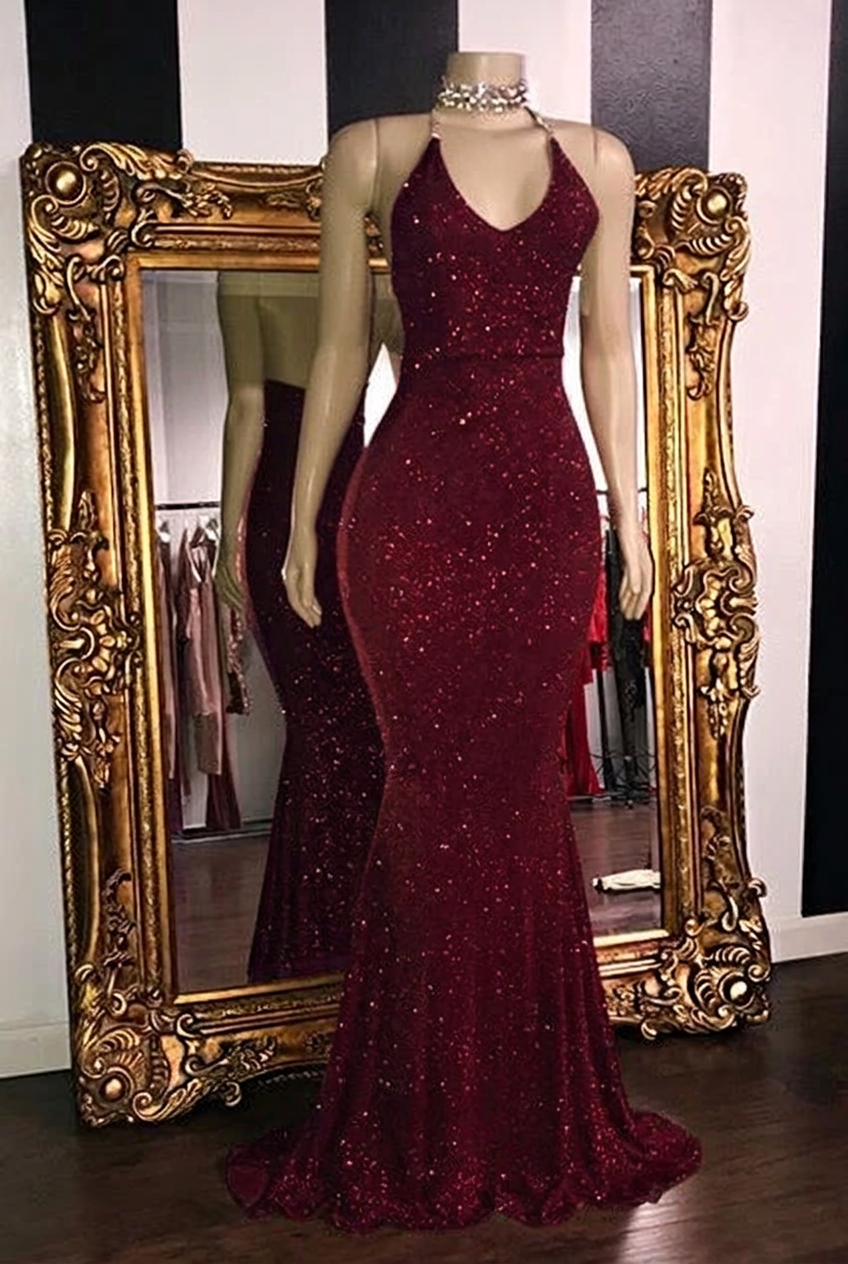 Burgundy halter glitter mermaid prom dress