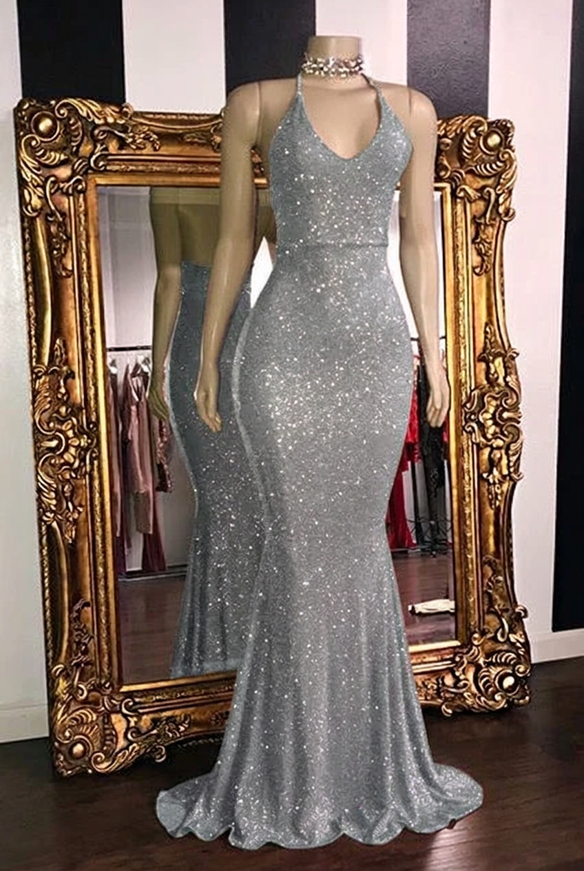 Silver halter glitter mermaid prom dress