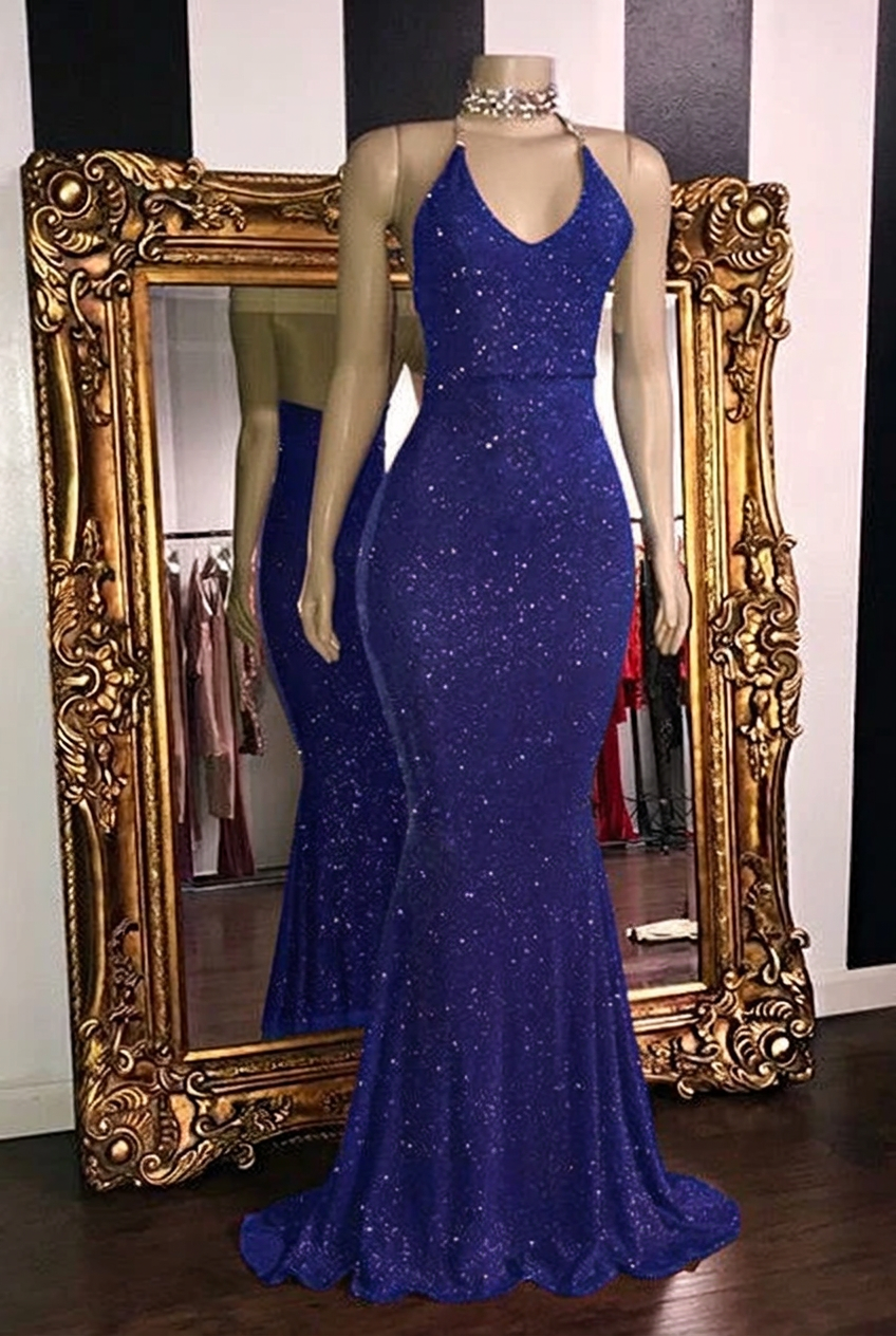 Royal blue halter glitter mermaid prom dress