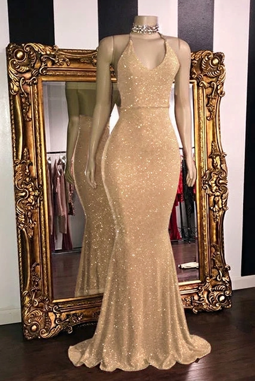 Champagne halter glitter mermaid prom dress
