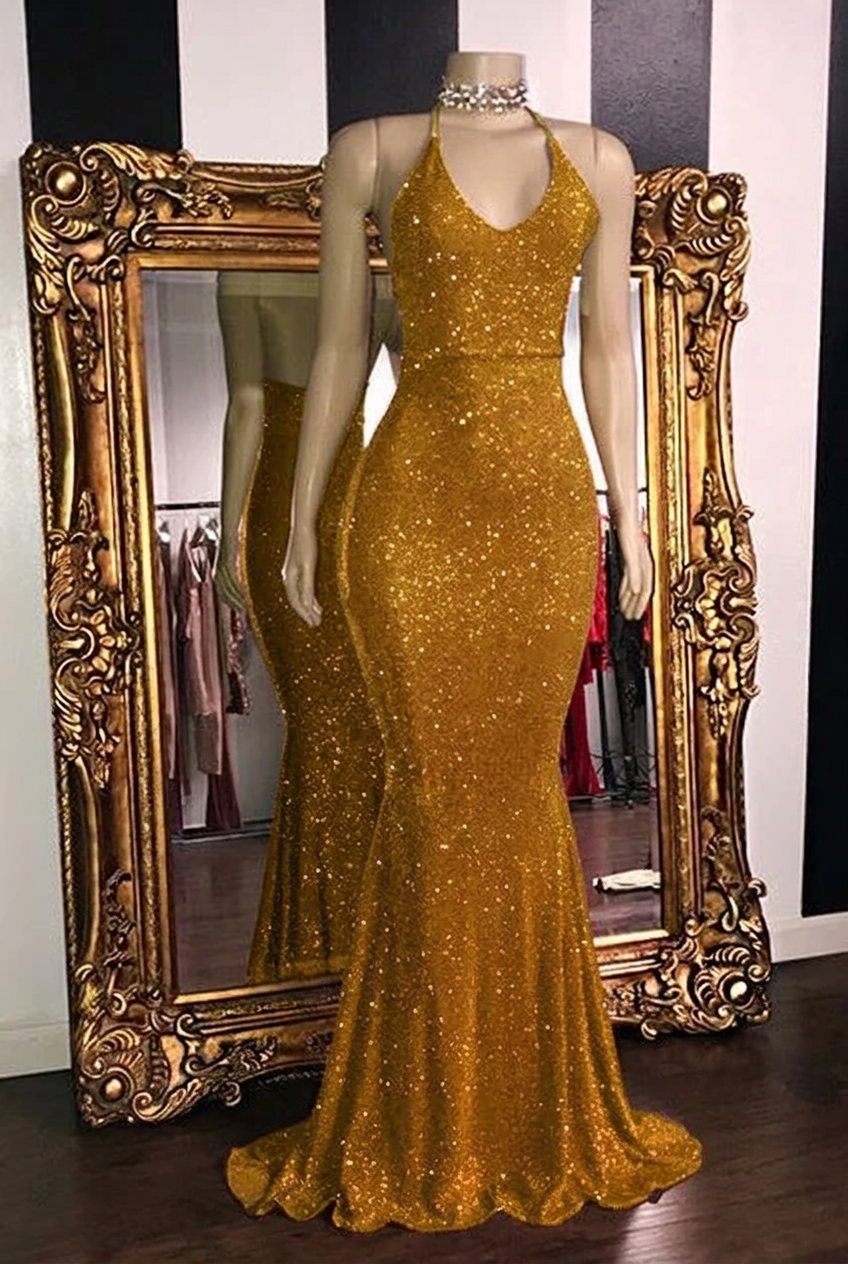 Gold halter glitter mermaid prom dress