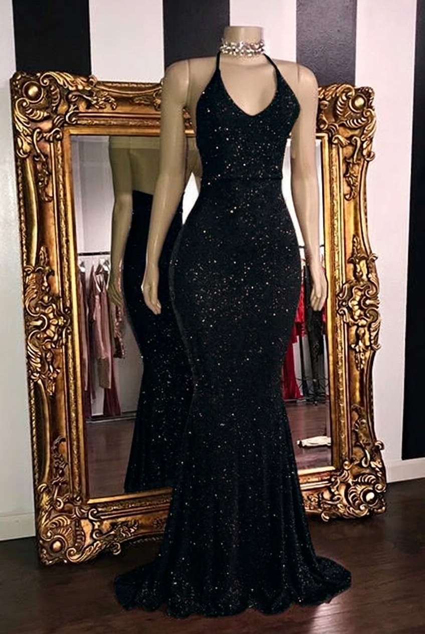 Black halter glitter mermaid prom dress