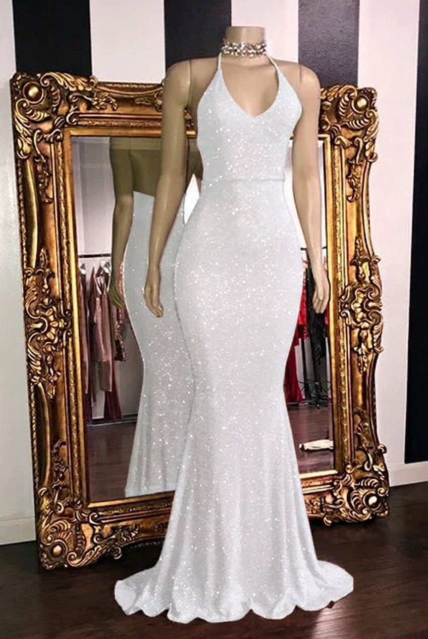 White halter glitter mermaid prom dress
