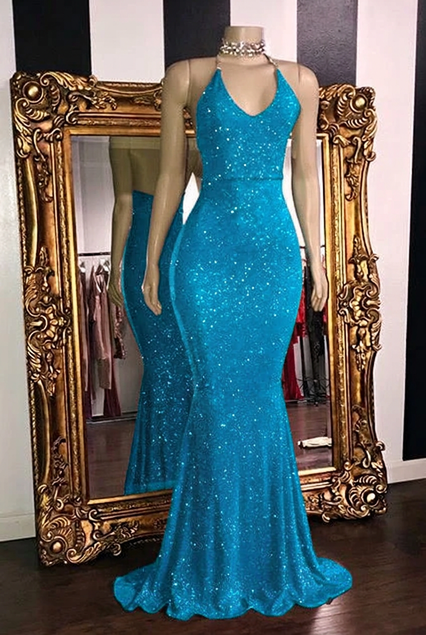 Turquoise halter glitter mermaid prom dress