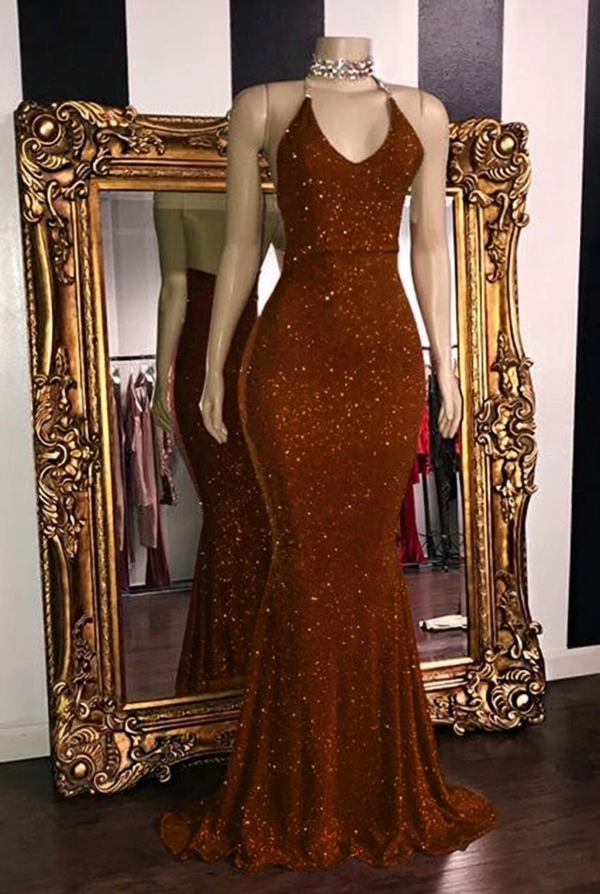 Chocolate halter glitter mermaid prom dress