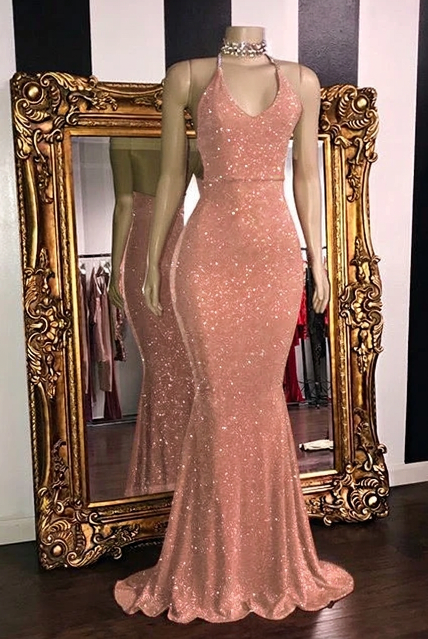 Pearl pink halter glitter mermaid prom dress
