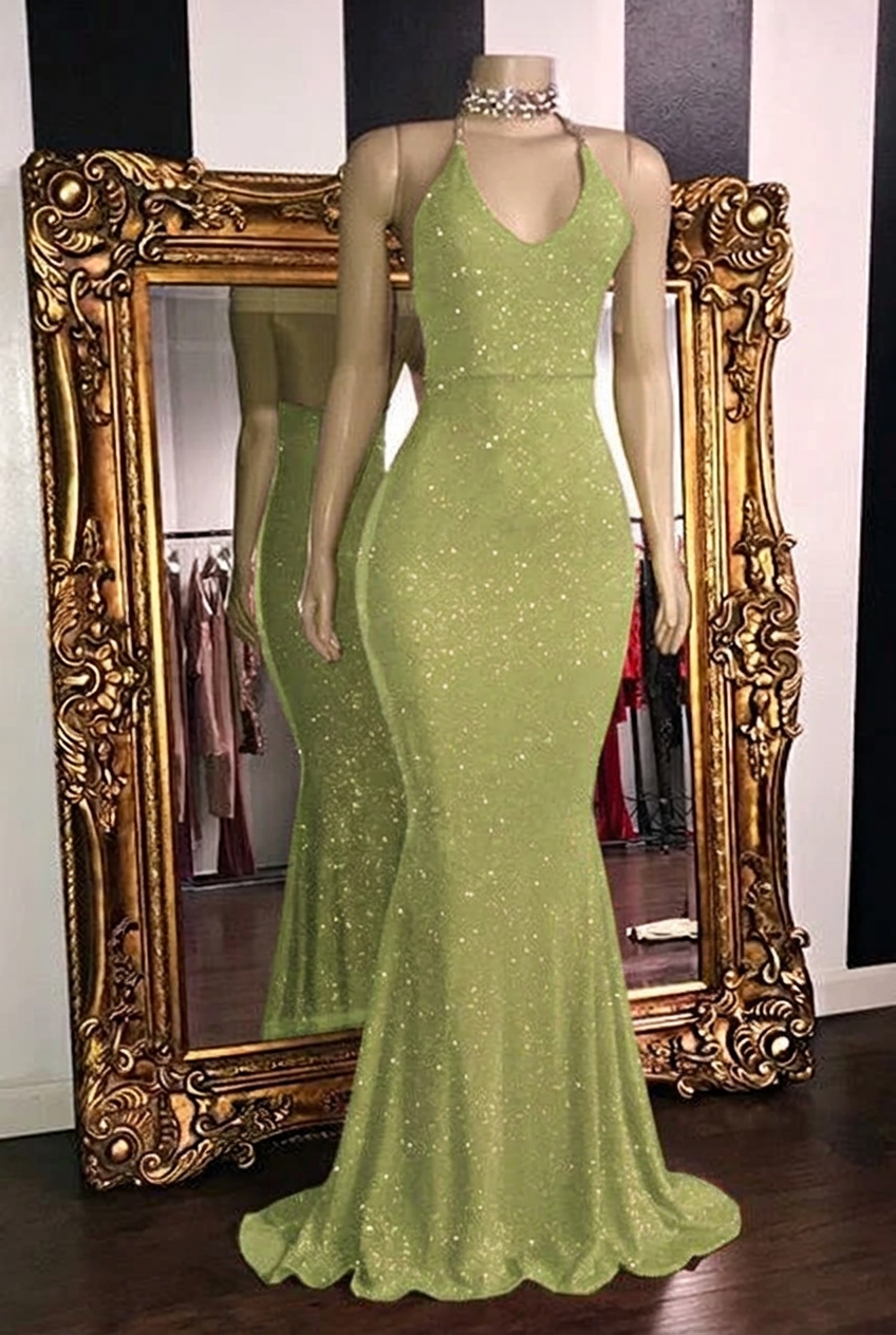 Sage halter glitter mermaid prom dress