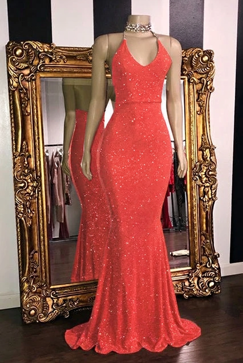 Coral halter glitter mermaid prom dress