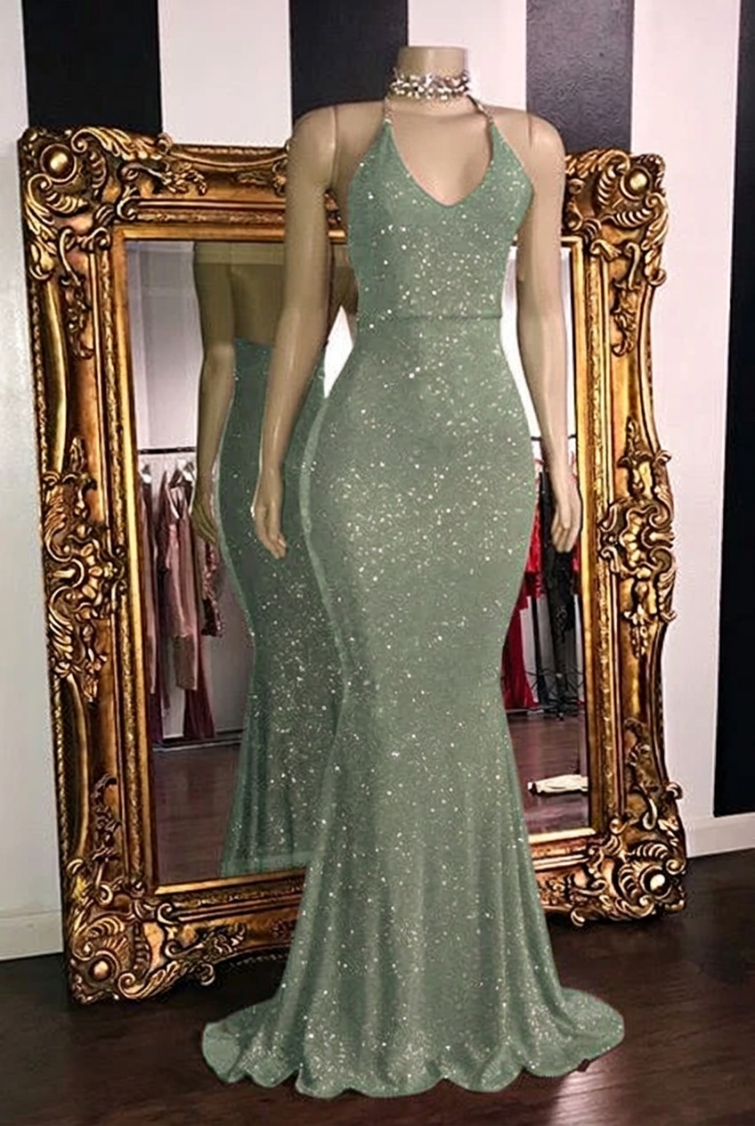 Dusty sage halter glitter mermaid prom dress