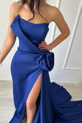 Sexy Simple Long Royal Blue Strapless Satin Prom Evening Dresses With Slit