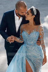 Light blue illusion sequin mermaid prom dress