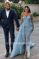Light blue illusion sequin mermaid prom dress