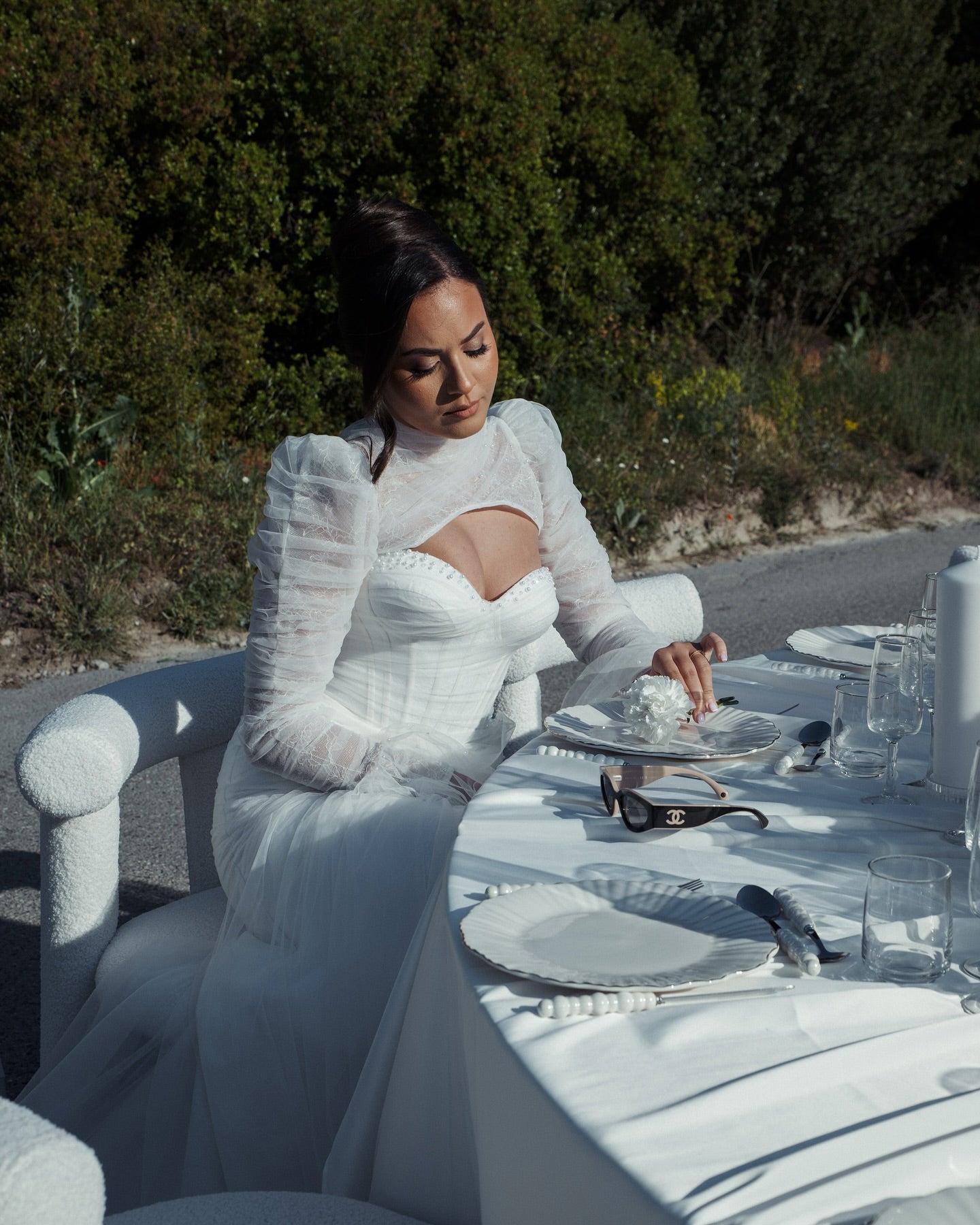 Sexy White Mermaid High-Neck Lace Sweetheart Long Sleeves Beaded Long Tulle Wedding Dresses With High Slit