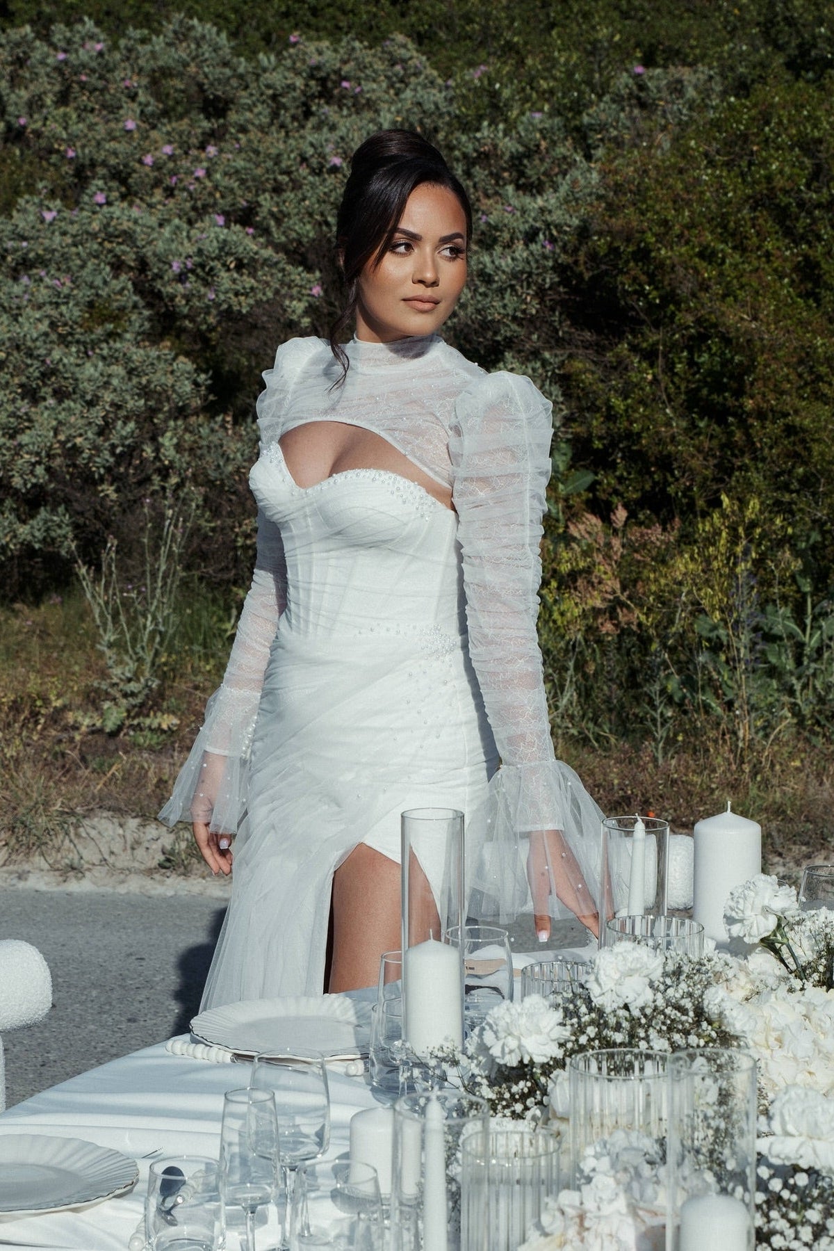Sexy White Mermaid High-Neck Lace Sweetheart Long Sleeves Beaded Long Tulle Wedding Dresses With High Slit Sexy White Mermaid High-Neck Lace Sweetheart Long Sleeves Beaded Long Tulle Wedding Dresses With High Slit