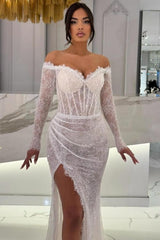 Sexy White Mermaid Sweetheart Off-The-Shoulder Long Sleeves Sequined Lace Prom Dresses With Slit