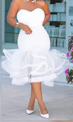 Sexy White Strapless Backless Mermaid Organza Sleeveless Bodycon Evening Dress