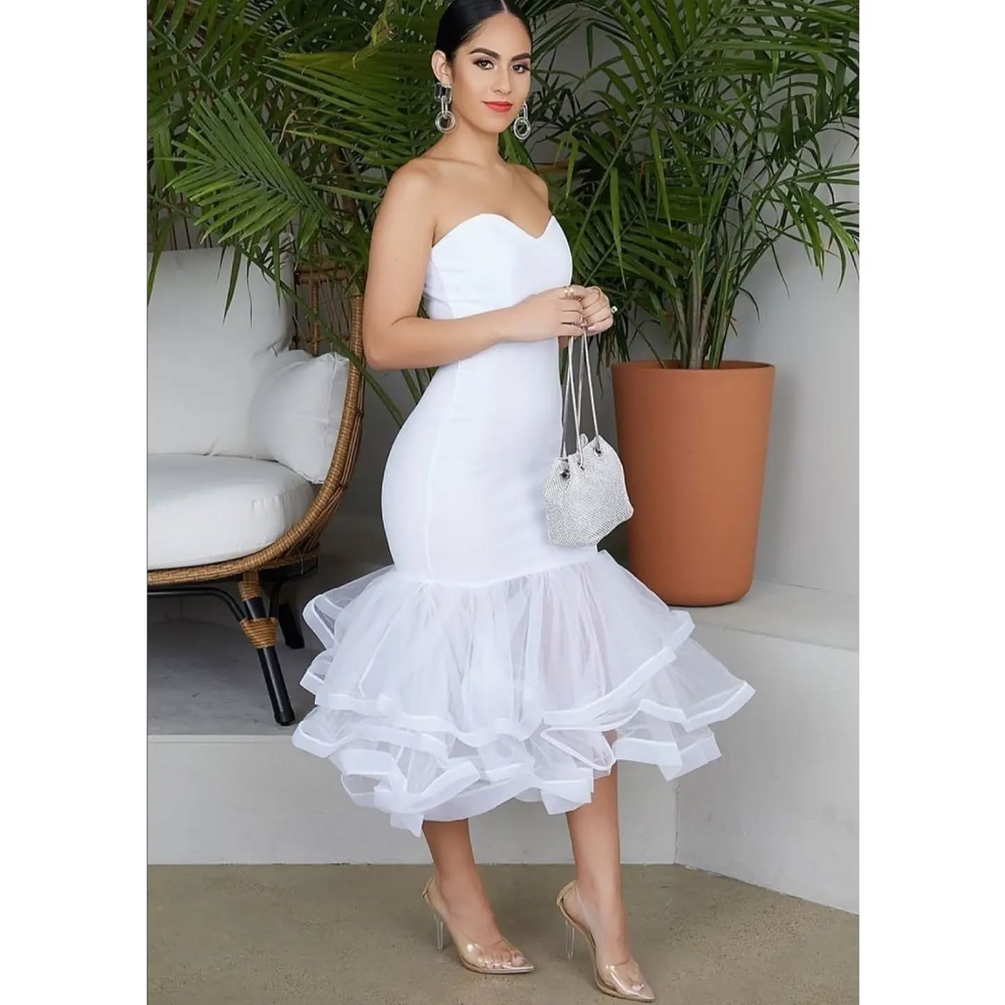 Sexy White Strapless Backless Mermaid Organza Sleeveless Bodycon Evening Dress