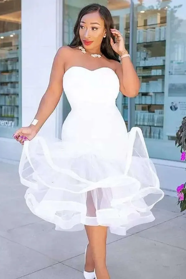 Sexy White Strapless Backless Mermaid Organza Sleeveless Bodycon Evening Dress