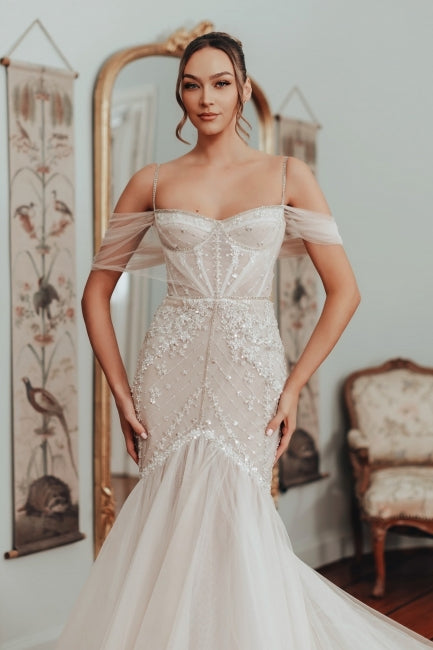 Sexy Mermaid Off-The-Shoulder Spaghetti Strap Sleeveless Lace Long Tulle Wedding Dresses With Appliques