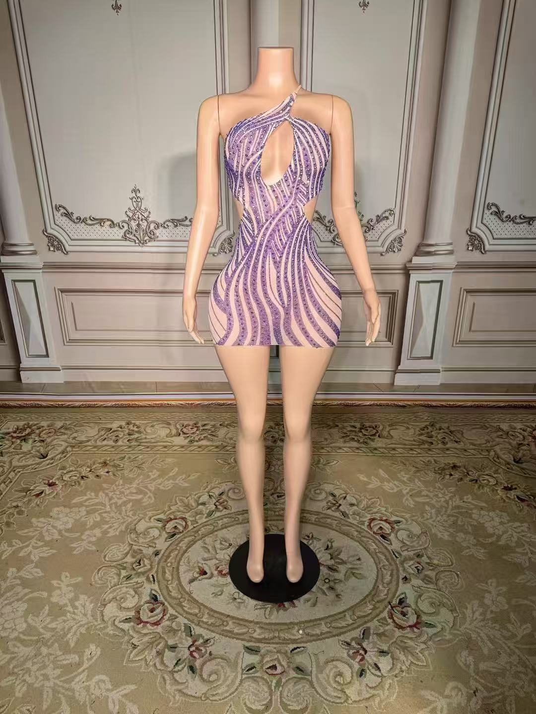 Sexy Purple One-Shoulder Beaded Sleeveless Backless Column Tulle Stripe Short Evening Dresses With Rhinestones