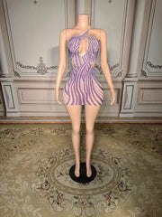 Sexy Purple One-Shoulder Beaded Sleeveless Backless Column Tulle Stripe Short Evening Dresses With Rhinestones